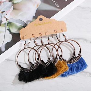 Dangle Earrings Ethnic Bohemian Fashion Pendant 3-Piece Set Bronze Alloy Ring Colored Cotton Silk Tassel 2024 Gifts