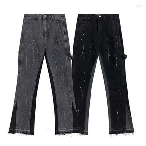 Män jeans herrar jeans mens high street blossade mode hip-hop lös rak denim byxor retro casual tvättad blekna lapptäcke rockbyxor 240308