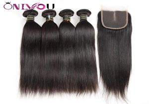 Pacotes de cabelo humano reto de seda com 4x4 parte média Lave Encerramento barato brasileiro peruano cru indiano virgem extensão de cabelo weave4801985