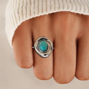 Кольца кластера, титановая сталь, бирюзовое открытое кольцо, европейский и американский простой мужской комплект в стиле ретро из нержавеющей стали, красочный