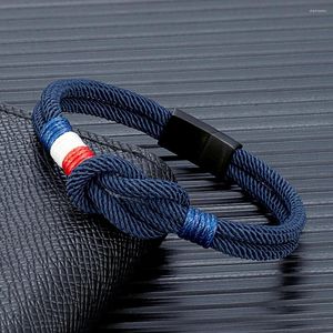 Charm Bracelets MKENDN Black Stainless Steel Square Knot Rope Bracelet Men Women Handmade Woven Double-Layer Design France Flag Couple