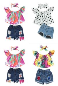 RetailWhole Girl Pullover Denim Shorts Tracksuit Clothing Set 3st Set OneShoulder Printed Top Shortbow pannband Girls OU2880165