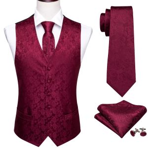 Vests Designer Vest for Men Silk Embroidered Red Burgundy Paisley Waistcoat Tie Pocket Square Set Slim Fit Wedding Suit Barry Wang