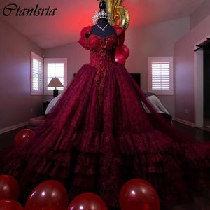 Red Beading Appliques Lace Ball Gown Quinceanera Dresses Off The Shoulder Tiered Corset Vestidos De 15 Anos