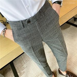 Men's Suits 2024 Chic Coffee Blue Grey Pants Men Elegant Slim Fit Plaid Suit Trousers For Office Party Mens Dress