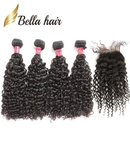 ブラジルの巻き毛の髪4バンドル閉鎖自然色の織り織り黒い拡張機能bella hair5pcslot1116663