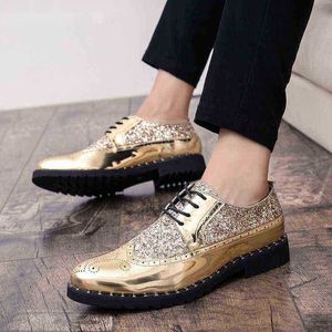 Dres Schuh Neue Luxus Marke Coiffeur Gold Brogue Oxford Schuh Für Männer Dressing Italienische Formale Hochzeit Schuh Männlich Lack Leder Bling Schuhe High Heels 220723