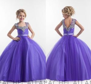 Purple Flower Girl Dresses Square Neckline Sparkly Crystals Beaded Tulle Floor Length Open Back Birthday Party Dress Pagent Dress 3999263