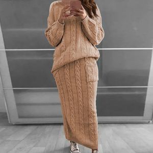 Two Piece Set Women Dress Long Sleeve Crop TopsPencil Skirt 2 Pc Sets Sweater Knitted Winter Suit 12 Colors 240308