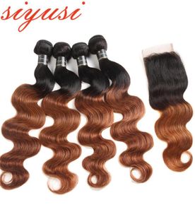 Ombre Brazilian Hair Weave Bundles With Closure 1B30 And 1b27 Blonde Human Hair Brazilian Body Wave Virgin Hair Bundles With Clo6019453