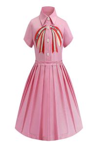 Detaliczna dziewczynka różowe sukienki haftowane lapowe z krótkim rękawem bawełniana plisowana spódnica sukienka dla dzieci designer ubrania butik CL6863973
