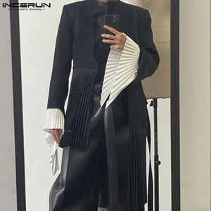 INCERUN Männer Blazer Plissee Patchwork V-ausschnitt Langarm Offenen Stich Casual Unregelmäßige Anzüge Männer Streetwear Dünne Mäntel S-5XL 240221