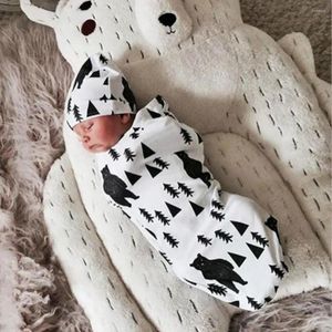 Filtar född hatt sovsäck 2-stycken set baby pojke flickor blommor stretch bekväm tyg swaddle filt huvud wrap