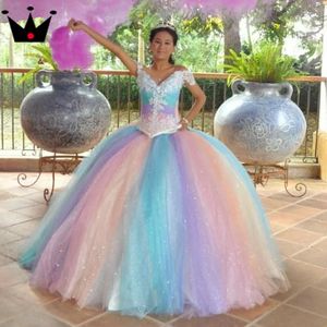 Gökkuşağı ışıltılı omuz quinceanera elbiseler tatlı 16 balo parti balo elbisesi doğum günü parti elbisesi prenses balo elbisesi