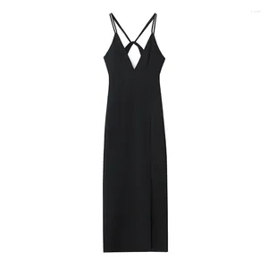 Vestidos casuais yenkye mulheres duplas cintas de espaguete preto midi sexy vestido frontal fenda v pescoço backless feminino festa vestidos