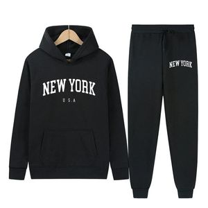 York Letter USA City Hoodies Pants 2 Pieces Sets Men Fashion Sweatshirts Women Casual Hooded Pullovers Sportwear Suit 240226