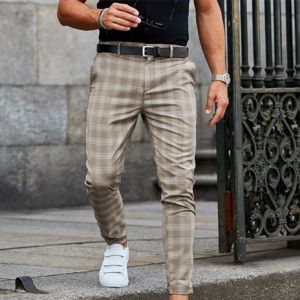 Byxor 2023 Nya herrbyxor Casual Herrbyxor Skinny Stretch Mens Chinos Pants Slim Fit Mens Casual Pant Plaid Check Pants Man