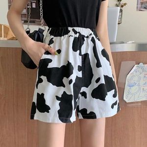 Frauen Shorts 2024 Sommer Kuh Druck Frauen Hohe Taille Harajuku Breite Bein Elastische Mädchen Casual Solide T Shirts Und Set anzug