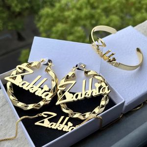 Duoying conjunto de joias de placa de identificação personalizada para adultos colar com nome delicado personalizado em aço inoxidável 50mm brincos pulseiras de punho de identificação 240229