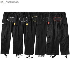 Erkek pantolon kargo pantolonlar erkek siyah pantolon askeri retro çoklu cepler düz tulum düğmesi uçuş çift düz bacak egzersiz pantolon 240308