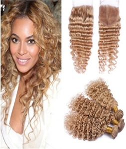 Deep Wave 27 Honey Blonde 4x4 Spetsstängning med väver Extensions Virgin Brasilian Light Brown Human Hair 3Bundles handlar om CLO2781538