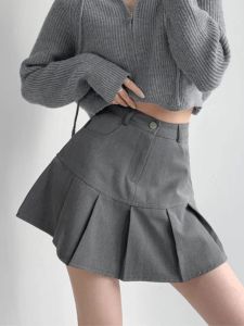 Dresses Houzhou Grey Mini Pleated Skirt Women Korean Style Casual Cute High Waist Patchwork Slim Aline School Skirt for Girls Summer