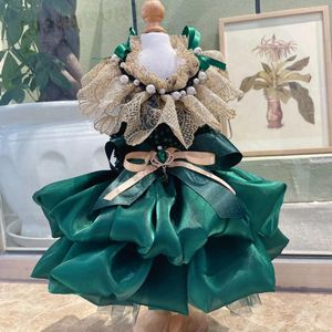 Dog Apparel Retro Luxury Blackish Green Pet Clothes Fashion Handmade Sequin Lace Crystal Bow Princess Dress For Small Medium Poodle