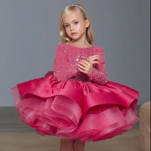 Baby Girl Birthday Fluffy Dress Infant Sequin Baptism Gown Flower Wedding Costume Kids Long Sleeved Clothes Toddler Vestidos 240226