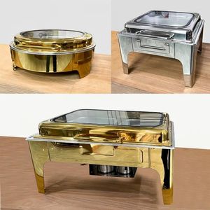 Geschirr-Sets, kommerziell, EL-Edelstahl-Rolltop-Chafing-Dish-Buffet, vergoldet, Luxus-Geschirrwärmer, Verkauf mit Glasdeckel