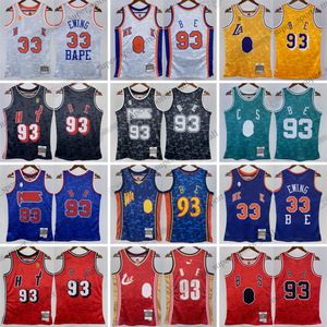 Basılı Klasik Vintage 1993 Basketbol #93 B A P E Jersey Retro Beyaz 1991-92 #33 Patrick Ewing Sarı Mor Kırmızı Yeşil Siyah Forslar Gömlek