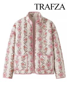 Women's Trench Coats TRAFZA Female Chic Spring Contrast Color Pink Flower Print Stand Neck Quilted Coat Woman Vintage Long Sleeve Loose
