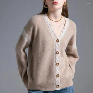 Women's Knits 2024 Autumn Women Color Block V-Neck Cashmere Knitted Cardigan