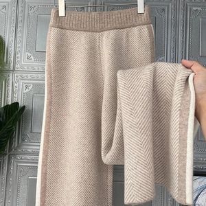 Calças femininas S-4Xl elegante malha larga perna mulheres oversized cintura alta listrado calças de lã inverno coreano streetwear baggy