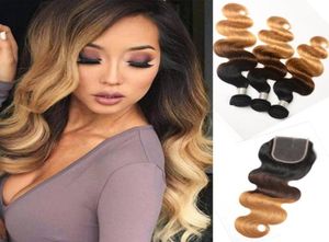 Peruvian Human Hair 1B427 Ombre Hair Body Wave Three Tones Color 3 Bundles With 4X4 Lace Closure Middle Three Part 1B 4 272070954