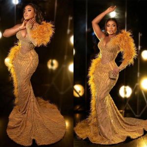 Mermaid Yellow Prom Dresses Princess Appliques Sequins Long Sleeve Puff Tulle Lace Feather One Shoulder Floor Length Party Gowns Plus Size Custom Made