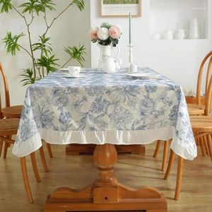 テーブルクロス長方形のテーブルクロスブルーフローラル素朴なフレンチプリントエッジフリルダストプルーフカバーキッチンリビングルームの装飾用の農家