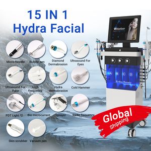 15 em 1 Máquina facial Hydra Hidro Dermoabrasão descascamento facial do lavador de oxigênio com oxigênio da pele Microdermoabrasão de cuidados com a pele com pulverização de oxigênio
