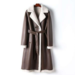 2024 весенне-осеннее новое женское шерстяное длинное меховое пальто из натуральной кожи с внутренней теплой подкладкой 101071