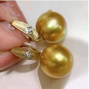 Orecchini a bottone ENORME Orecchino di perla dorata naturale rotonda dei Mari del Sud da 10-11 mm 925S.