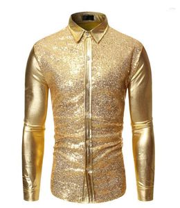 Men039s tshirts gümüş metalik payetler glitter gömlek sahne patchwork dans lüks elbise erkek moda uzun kollu disko partisi h1123011