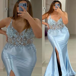 2024 ASO EBI Light Sky Blue Mermaid Prom Dress Beaded Flowers Evening Formal Party Second Reception 50th Birthday Engagement Gowns Dresses Robe de Soiree ZJ67