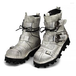 Stivali da uomo in vera pelle con teschio gotico punk da motociclista desert combat stivaletti scarpe antinfortunistiche piattaforma militare