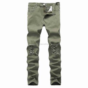 Men's Jeans Motorcycle high street hip hop hole jeans Destroyed men Jeans Slim Mens Biker stretch Demin Trousers Army green size 42 240308