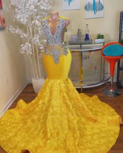 Luxury Yellow Velvet Prom Dresses Black Girls Pärled Crystal Ruffles Mermaid Birthday Party Gown Formal Endan Dress