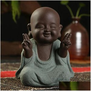 Tea Pets Buddha posąg Mały mnich kolorowy piasek ceramiczny klub geomantyczny dekoracja fioletowe figurki pet 231216 Drop dostawa dhyj1