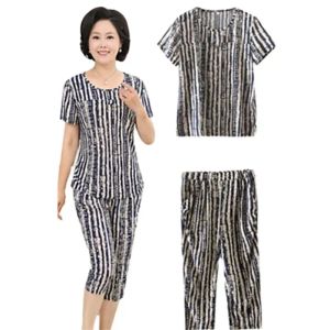 Sets Summer Milk silk shortsleeved suit middleaged women print tops +pants suit grandmother loose 2 pieces suits