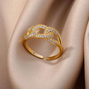 Cluster Rings Chain For Women Open Adjustable Cubic Zirconia Stainless Steel Ring Vintage Wedding Aesthetic Party Jewelry Anillos Mujer