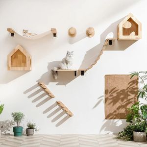 Kattklättringshylla väggmonterad fyra stegs trappa med sisal skrapstolpe för katter trädtornplattform hoppande husdjur möbler 240227