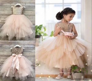 Champagne blush Ball Gown Flower Girl Dresses For Weddings Sequined Toddler Pageant Gowns Tulle Tea Length Tiered Kids Prom Dress2398699