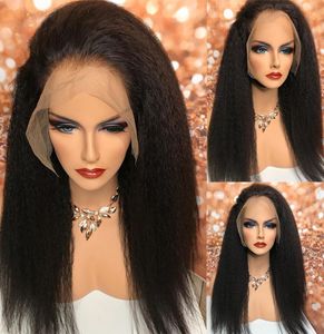 220 densidade kinky reta perucas dianteiras do laço sintético para preto feminino yaki peruca reta pré arrancado linha fina com cabelo do bebê 9503654